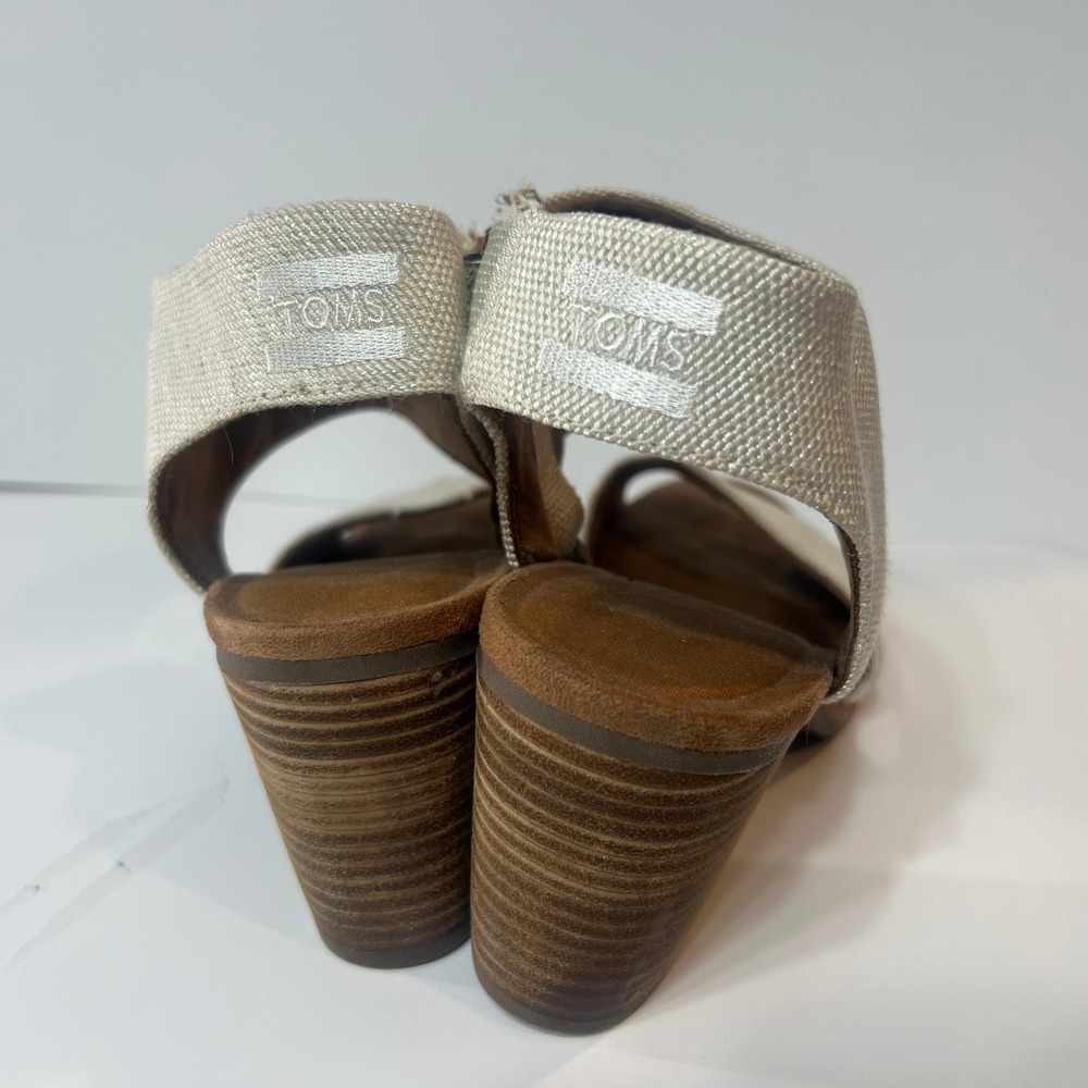 TOMS Majorca Cream Canvas 3" Block Heel Cut-Out Sandals Booties Size 9 - Picture 3 of 6